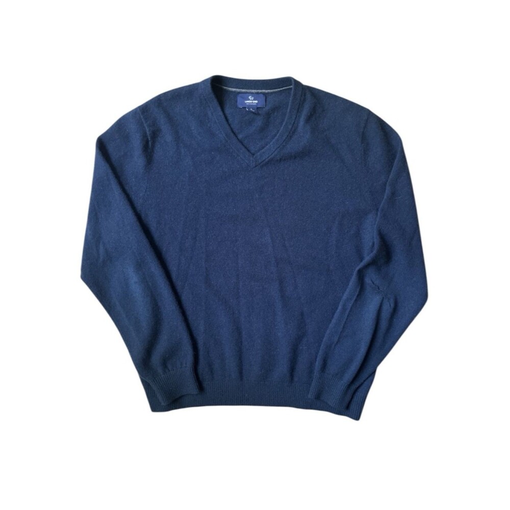 Lands’ End 100% Cashmere Navy V-Neck Sweater Mens Large **Elbow Repair**